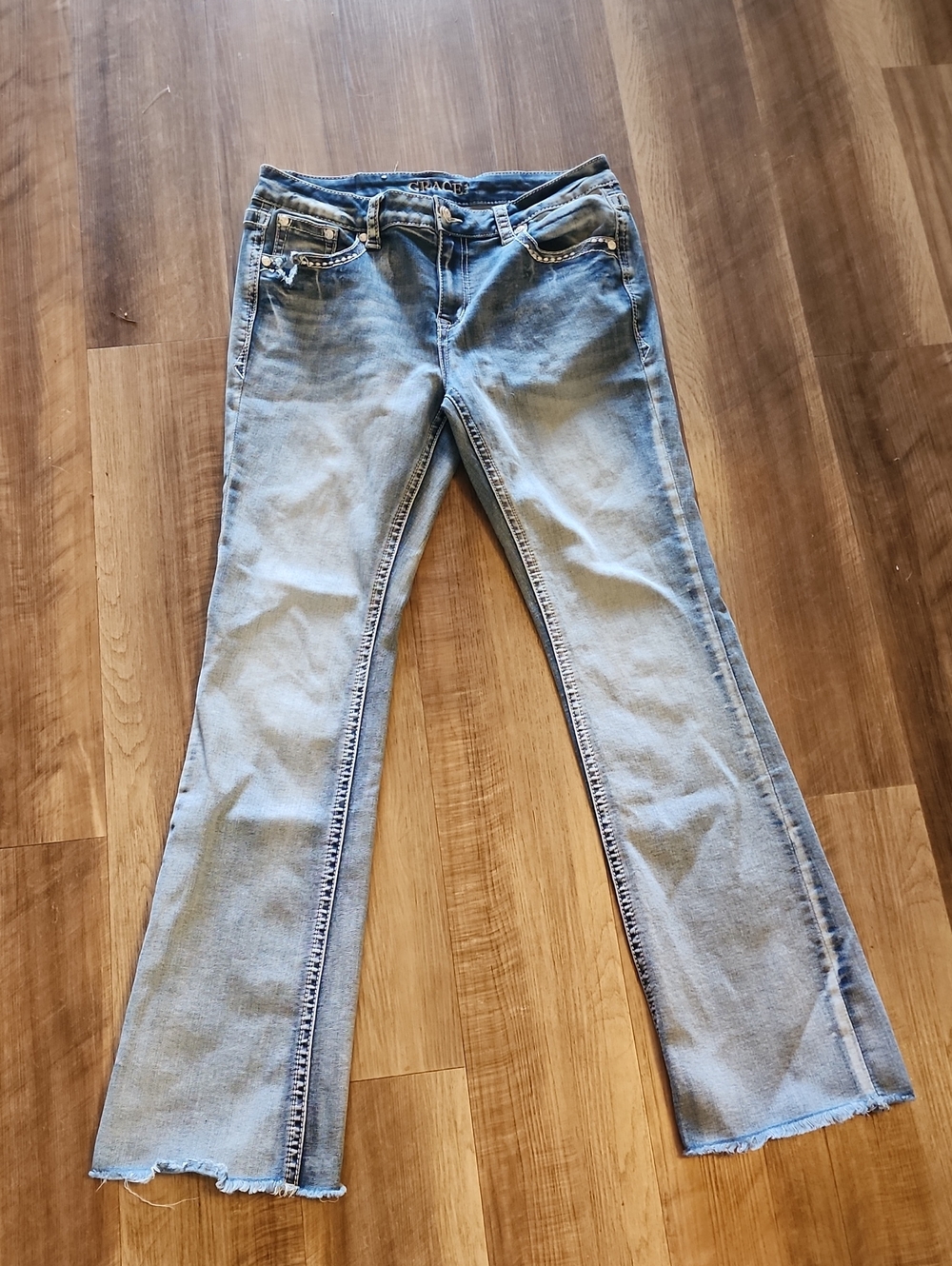 Grace in LA Light Wash Bootcut Flare Jeans Raw Hem Western